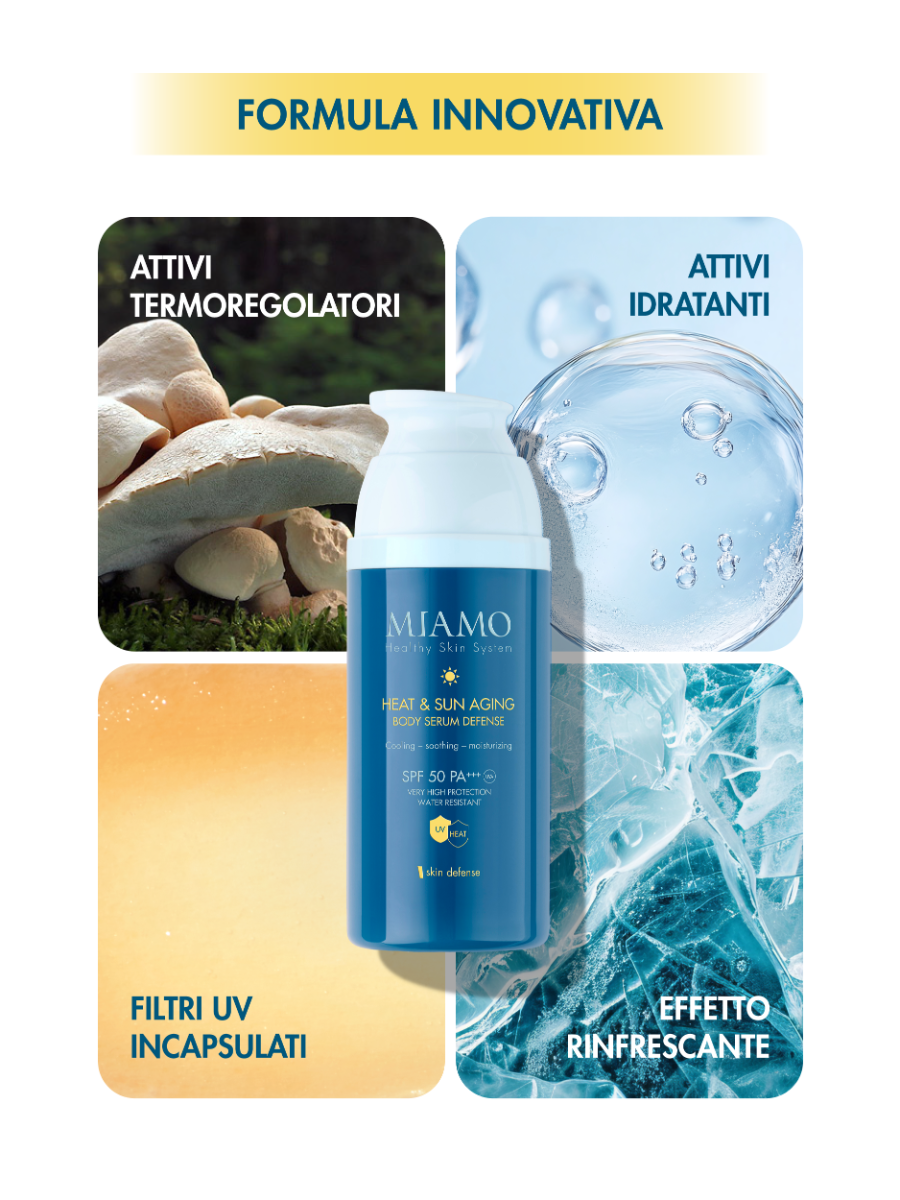 Protezione Solare HEAT & SUN AGING BODY SERUM DEFENSE (PACKAGING 2026) Siero solare corpo SPF 50 PA+++